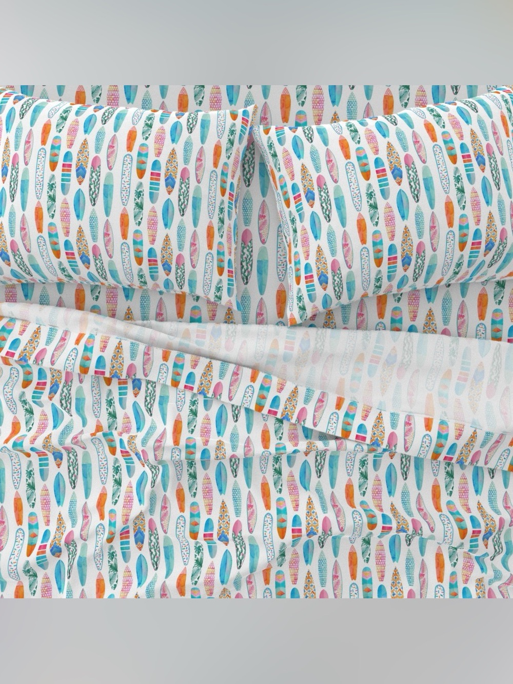 Spoonflower Queen Bed Sheet Set in Surfboards Medium Scale Watercolor Print